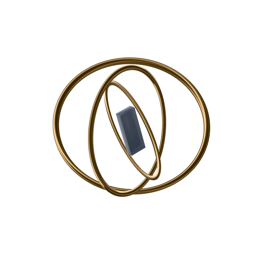 The instrument, built: three bronze rings round a smoked-glass core.