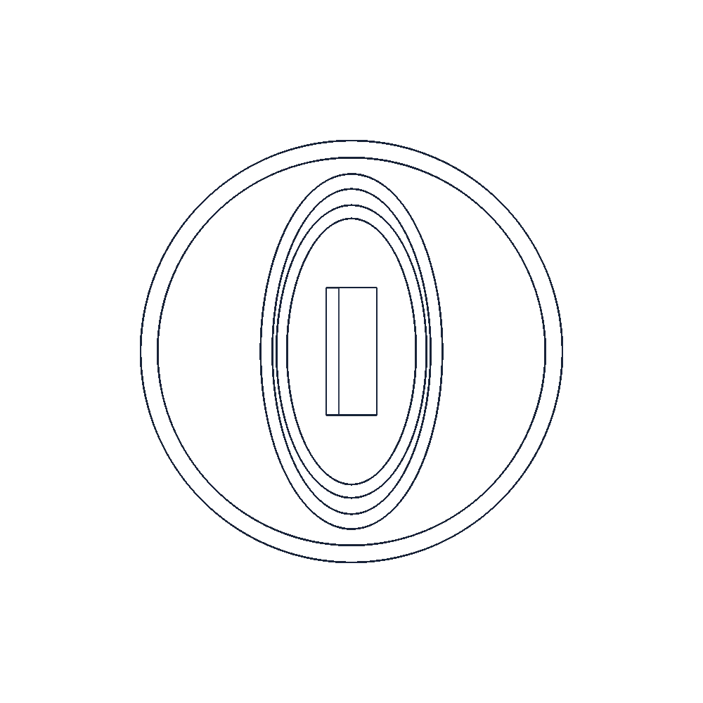 The instrument as a measured line drawing, front view: three rings round a core.