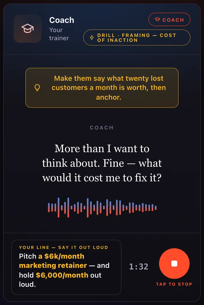 THE CLOSE during an example rep: a coach note, the coach’s line as the buyer, and Your line, say it out loud, with the timer at 1:32.