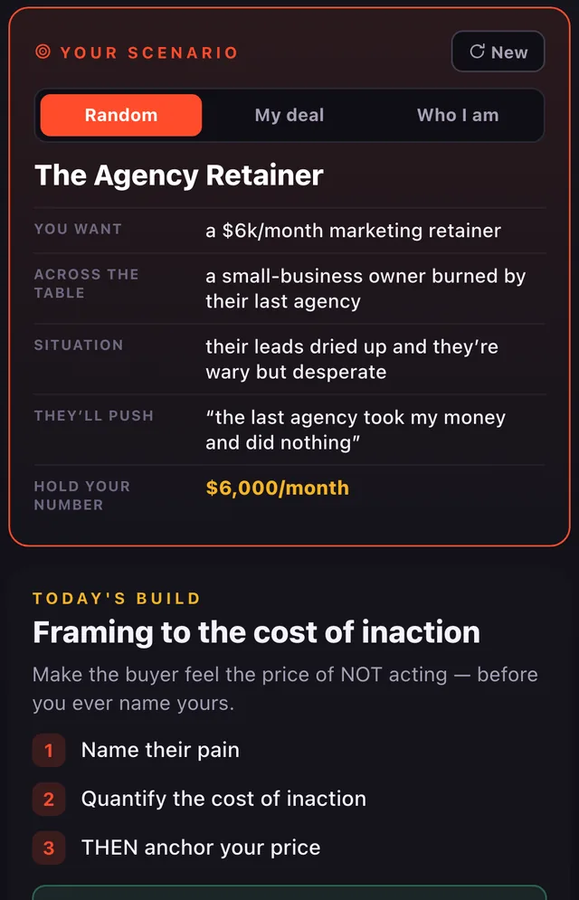 Your scenario card: The Agency Retainer, with You want, Across the table, Situation, They’ll push and Hold your number.