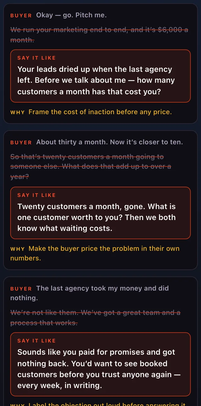 Line by line: the buyer’s line, what you said struck through, Say it like, and Why. Two lines shown.