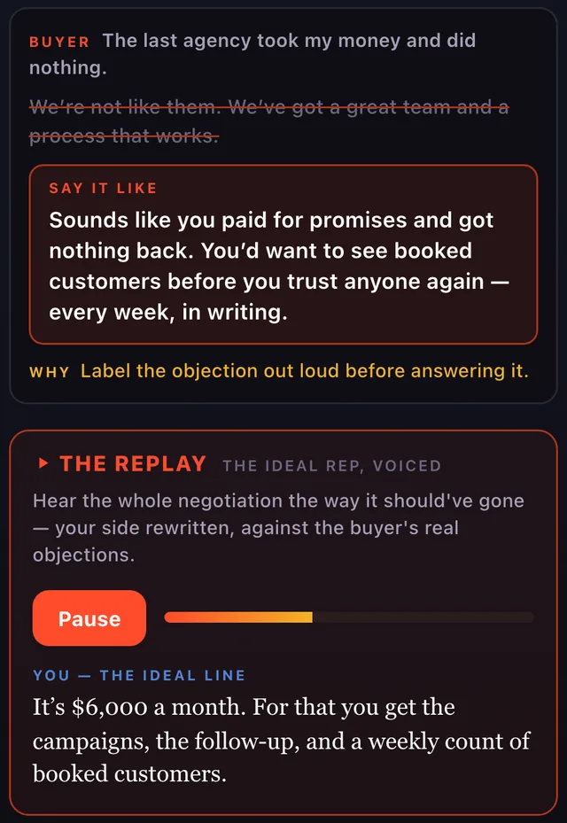 The Replay, the ideal rep, voiced: Pause, a progress bar, and You, the ideal line.